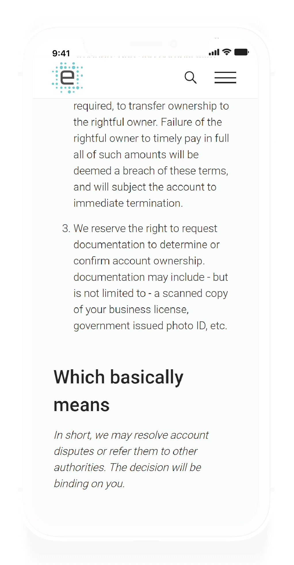 Image showcasing the landing area of the Terms and Conditions page on mobile show more content that focuses on the regular-language section that explains legal speak in regular English